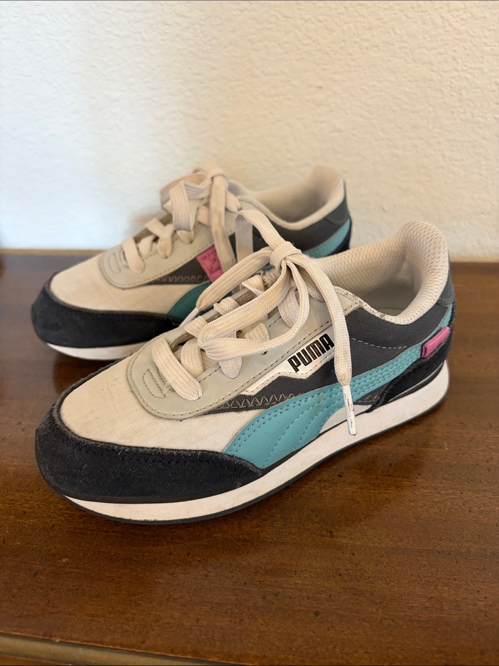 Puma Kids Future Rider Play On Sneakers Teal, Gray, Cream with Pink Accents 13